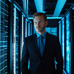 A professional system architect, fully clothed in a modest business suit, stands in a futuristic, meticulously organized server room. Sleek, glowing server racks line the walls. Abstract, illuminated data streams and lines of binary code flow around them, symbolizing underlying system processes and kernel operations. A holographic display in the foreground shows a complex compiler optimization graph. The image conveys high-performance, precision, and the 'unseen' magic of system programming. Professional photography, high detail, sharp focus, perfect anatomy, correct proportions, natural pose, well-formed hands, proper finger count, natural body proportions, safe for work, appropriate content, professional, family-friendly.