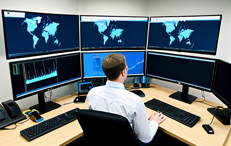 네트워크 패킷 분석 도구 - Wireshark in Action**
"A network security analyst, professional attire, fully clothed, sitting at a...