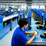지능형 로봇 공학 - **Collaborative Robotics in a Modern Assembly Line:**
    "A clean, well-lit modern factory assembly...