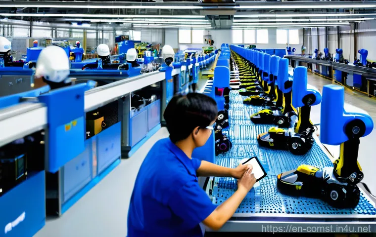 지능형 로봇 공학 - **Collaborative Robotics in a Modern Assembly Line:**
"A clean, well-lit modern factory assembly...