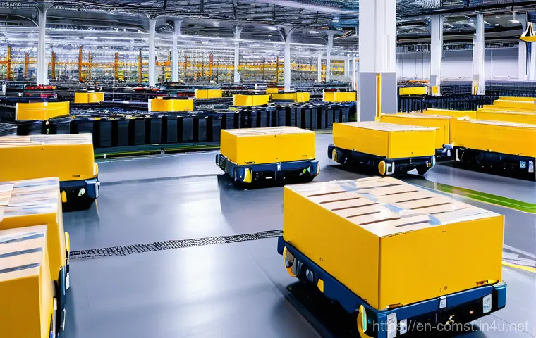 지능형 로봇 공학 - **Collaborative Robotics in a Modern Assembly Line:**
    "A clean, well-lit modern factory assembly...