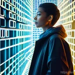 프로그래밍 기초 - **"Digital Language & Building Blocks"**: A vibrant, stylized illustration of a young adult, gender-...