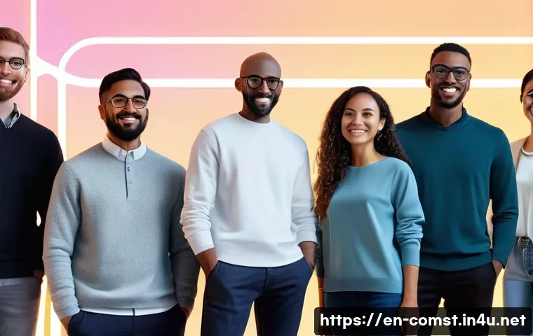 블록체인 기반 앱 개발 - A group of diverse individuals, including men and women of various ages (all dressed in modern, mode...