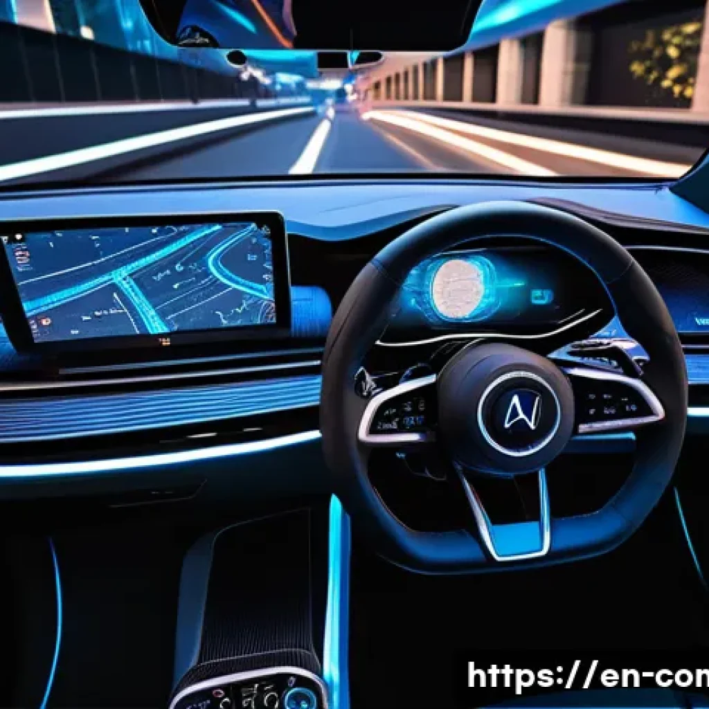 자율주행차 시스템 설계 - A futuristic autonomous vehicle cockpit interior showcasing a multi-sensor fusion dashboard display....