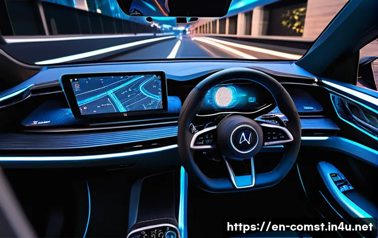 자율주행차 시스템 설계 - A futuristic autonomous vehicle cockpit interior showcasing a multi-sensor fusion dashboard display....