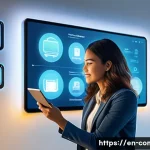 IoT 프로토콜 - A modern smart home interior showcasing a variety of connected IoT devices such as smart bulbs, plug...