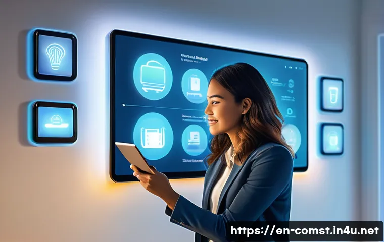 IoT 프로토콜 - A modern smart home interior showcasing a variety of connected IoT devices such as smart bulbs, plug...