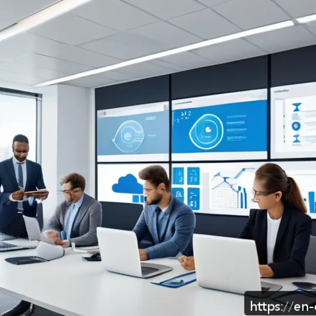 클라우드 컴퓨팅 - A modern corporate office environment with diverse professionals collaborating remotely via multiple...