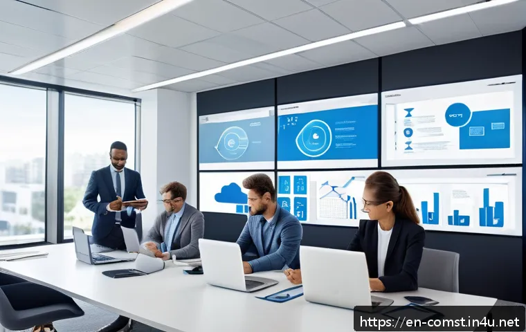 클라우드 컴퓨팅 - A modern corporate office environment with diverse professionals collaborating remotely via multiple...