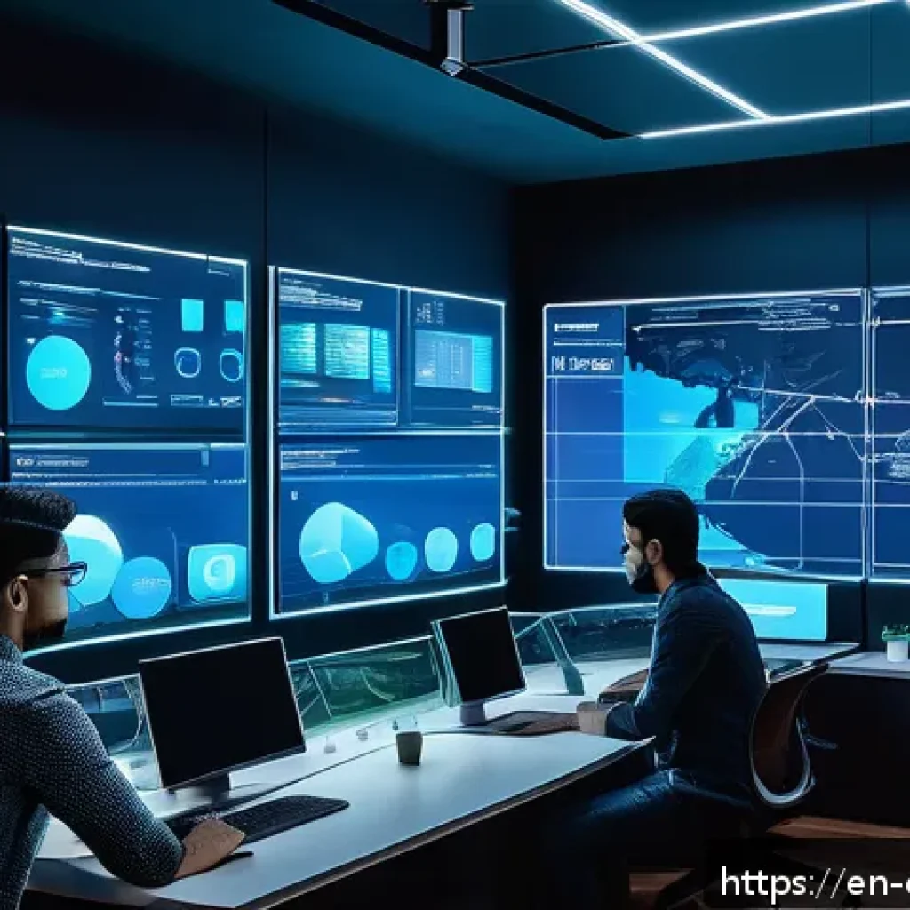 클라우드 네이티브 아키텍처 - A futuristic tech workspace with diverse software engineers collaborating on microservices architect...