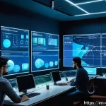 Home 23 클라우드 네이티브 아키텍처 - A futuristic tech workspace with diverse software engineers collaborating on microservices architect...