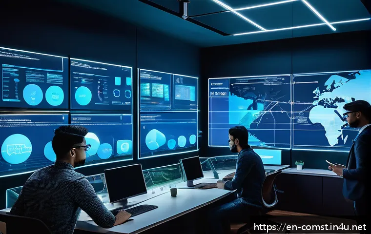 클라우드 네이티브 아키텍처 - A futuristic tech workspace with diverse software engineers collaborating on microservices architect...