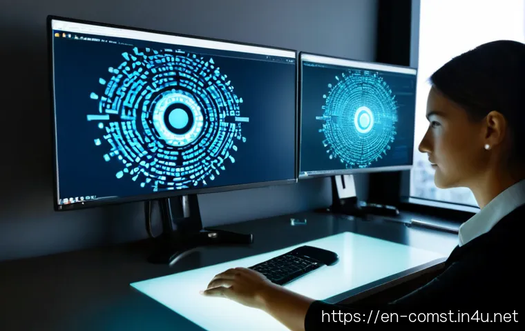 Home 17 응용 프로그램 방화벽 FW - Photorealistic cybersecurity analyst at a clean modern office desk, viewing a large monitor with an ...